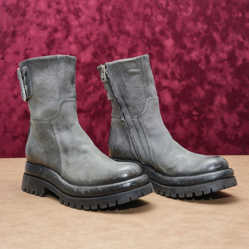 AS98 Women Darr Grey Leather Strap Zip Platform Combat Boots sz 6-6.5US EUR37